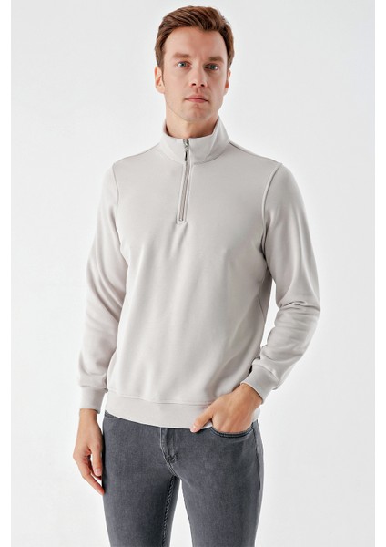 Erkek Gri Fermuarlı Bato Yaka Sweat-Shirt