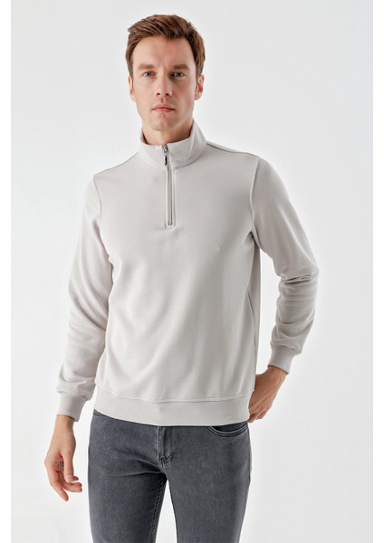 Erkek Gri Fermuarlı Bato Yaka Sweat-Shirt modelleri