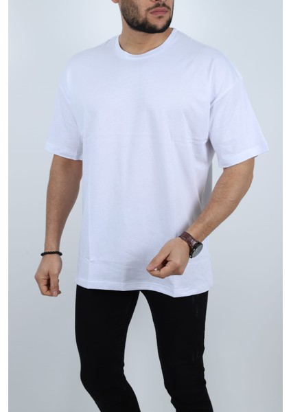 Erkek Basic %100 Pamuklu Bisiklet Yaka Oversize Kısa Kollu T-Shirt