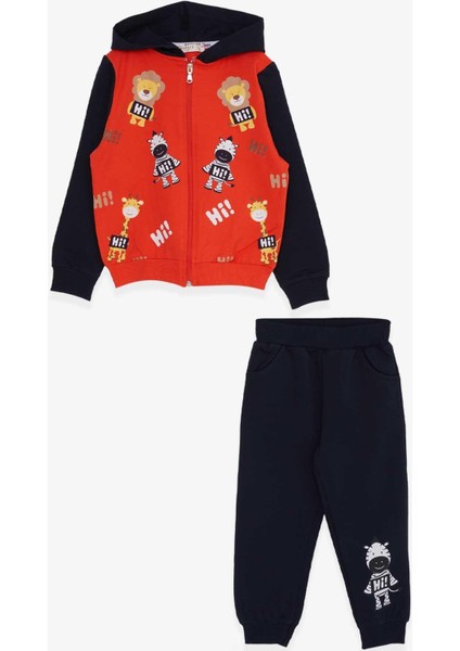 Erkek Bebek Çocuk Pamuklu Hayvanlar Alemi Baskılı Kapüşonlu Eşofman Takım fırsatları