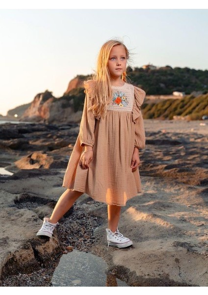 Kız Çocuk Pamuklu Çiçek Dantelli Turvakar Kol Elbise