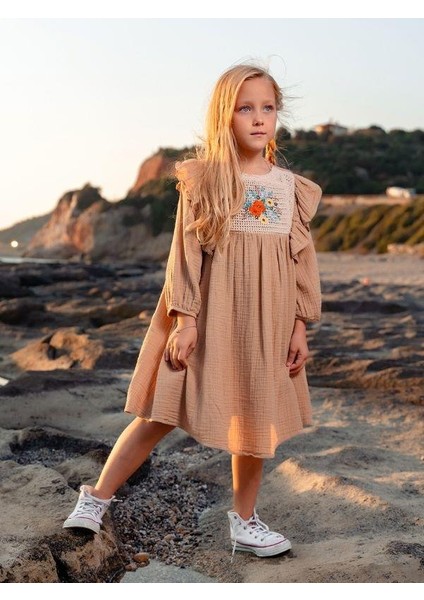 Kız Çocuk Pamuklu Çiçek Dantelli Turvakar Kol Elbise modelleri