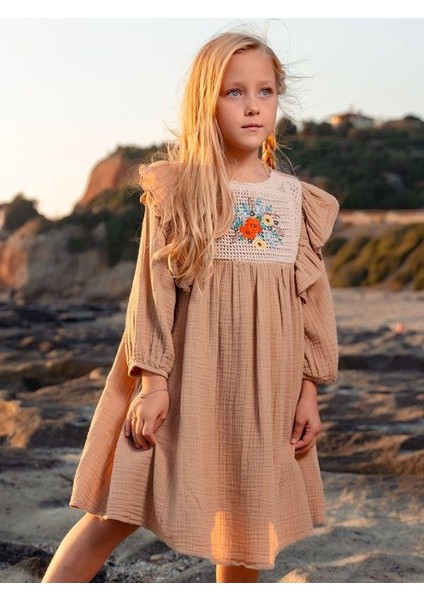 Kız Çocuk Pamuklu Çiçek Dantelli Turvakar Kol Elbise indirimleri