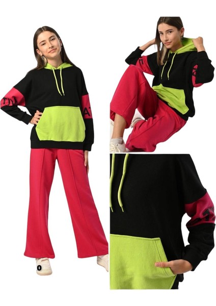 Kız Çocuk Kapüşonlu Neon Renk Bloklu Tasarım Sweatshirt