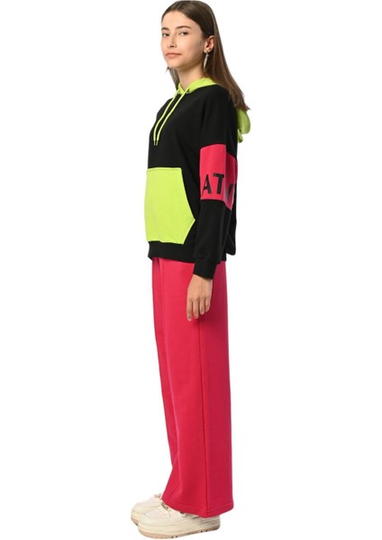 Kız Çocuk Kapüşonlu Neon Renk Bloklu Tasarım Sweatshirt indirimleri