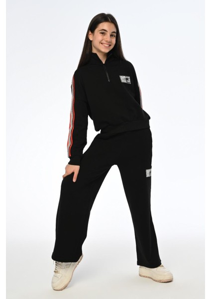 Kız Çocuk Yarım Fermuarlı Kolları Şeritli Dik Yaka Sweatshirt