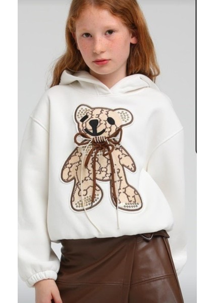 Kız Çocuk Pamuklu Içi Şardonlu Ayıcıklı Kapüşonlu Sweatshirt