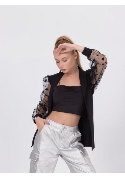 Kız Çocuk Kolları Yıldız Tül Detaylı Belden Kuşaklı Tasarım Ceket fiyatları