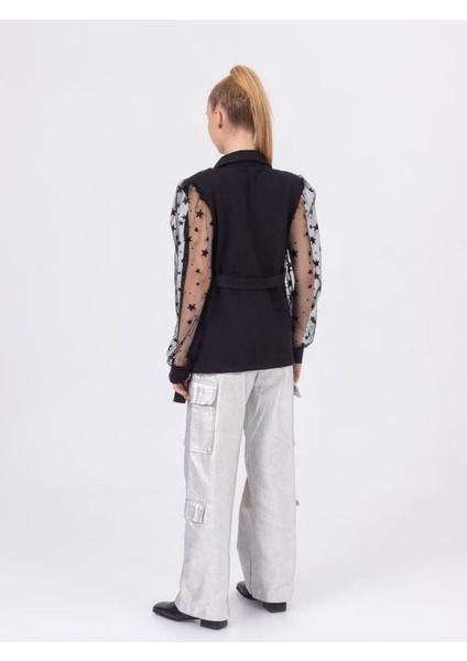 Kız Çocuk Kolları Yıldız Tül Detaylı Belden Kuşaklı Tasarım Ceket indirimleri