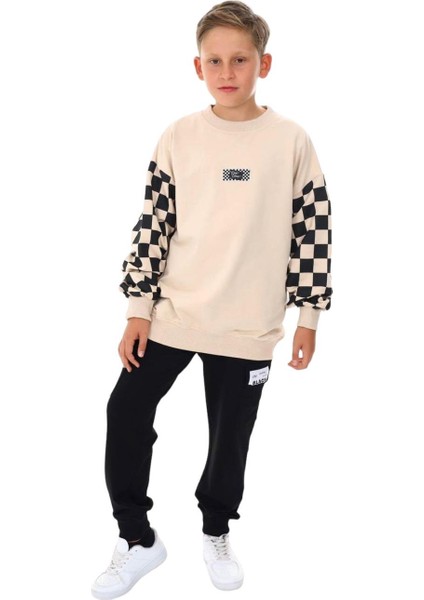 Erkek Çocuk East Coast Yazılı Kolları Dama Desenli Sweatshirt