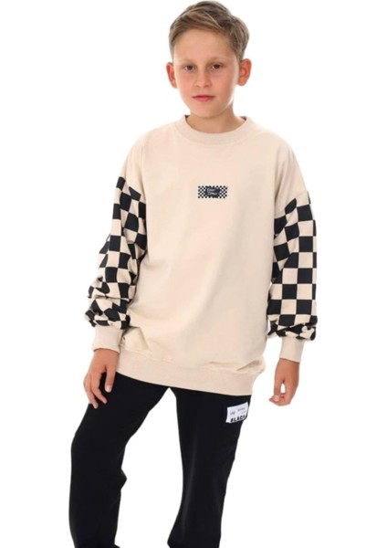 Erkek Çocuk East Coast Yazılı Kolları Dama Desenli Sweatshirt