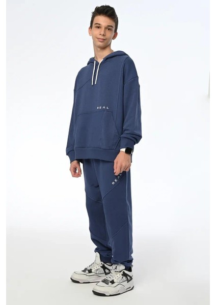 Erkek Çocuk Kapüşonlu Sweatshirt Real Yazılı Jogger Eşofman Takım
