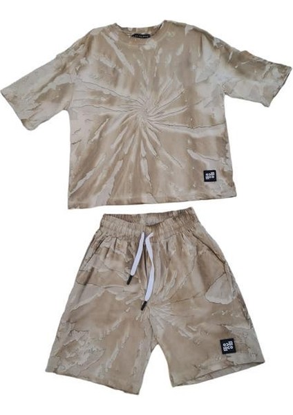 Erkek Çocuk Pamuklu Oversize Rahat Kalıp Batik Desenli Şort Takım