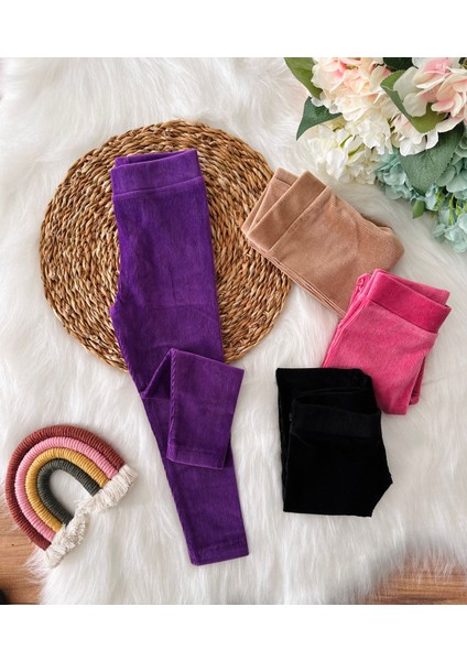 Beli Lastikli Basic Kız Fitilli Kadife Tayt - Mor
