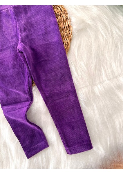 Beli Lastikli Basic Kız Fitilli Kadife Tayt - Mor modelleri