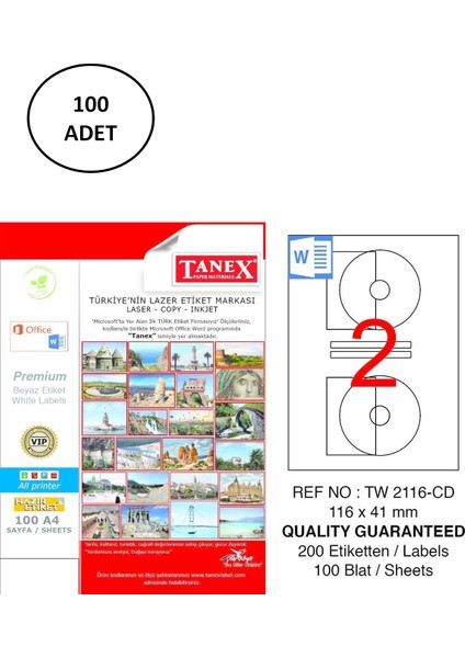 A4 Lazer Etiket TW - 2116 116 x 41 mm 100'lü Paket