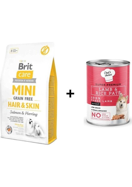 Mini Hair Skin Somonlu ve Ringa Balıklı Tahılsız Köpek Maması 2 kg +Chefs Choice Kuzulu Pirinçli Ezme Yetişkin Köpek Konseve Maması 400 gr