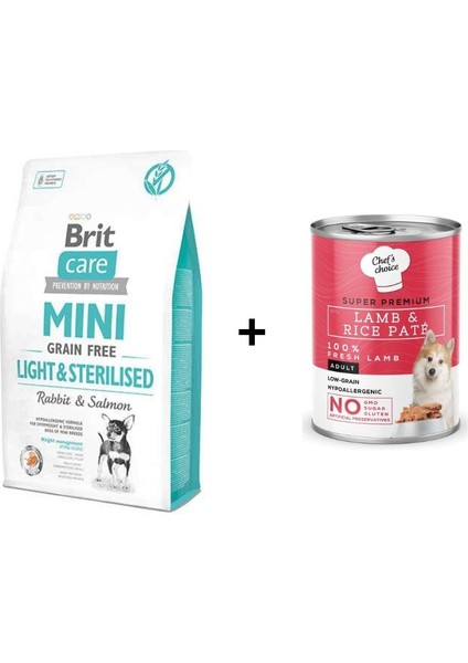 Mini Light Kısırlaştırılmış Küçük Irk Tavşanlı Köpek Maması 2 kg + Chefs Choice Kuzulu Pirinçli Ezme Yetişkin Köpek Konseve Maması 400 gr