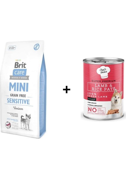 Tahılsız Mini Adult Hassas Geyikli Köpek Maması 2 kg +Chefs Choice Kuzulu Pirinçli Ezme Yetişkin Köpek Konseve Maması 400 gr