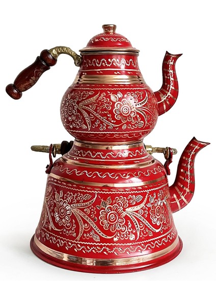 Kırmızı Bakır Çaydanlık Erzincan El Işleme 10 Kişilik