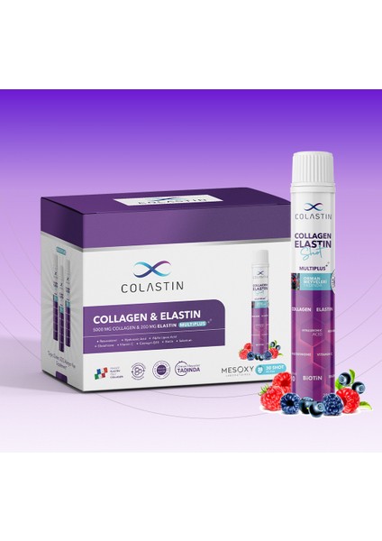 Multiplus 30 Shot · 5000 Mg Kolajen ve 200 Mg Elastin · Saç, Cilt, Tırnak ve Vücut · Orman Meyveleri