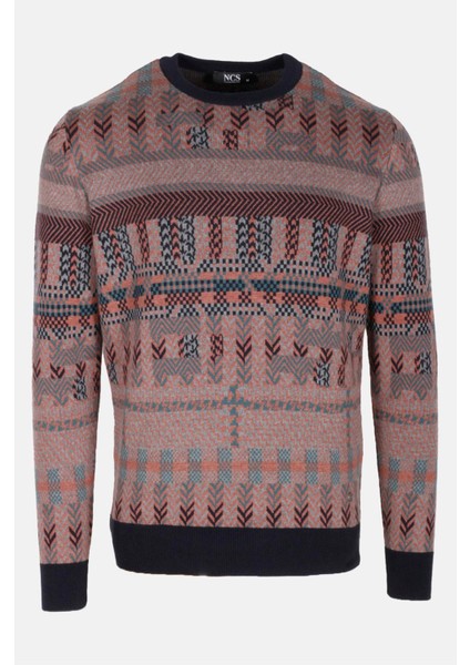 Erkek Triko Lacivert Bisiklet Yaka Desenli Slim Fit Pamuklu Kazak Ncs 3721