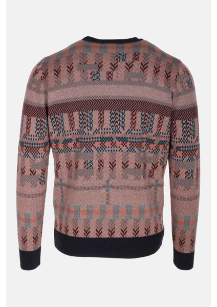 Erkek Triko Lacivert Bisiklet Yaka Desenli Slim Fit Pamuklu Kazak Ncs 3721