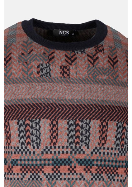 Erkek Triko Lacivert Bisiklet Yaka Desenli Slim Fit Pamuklu Kazak Ncs 3721