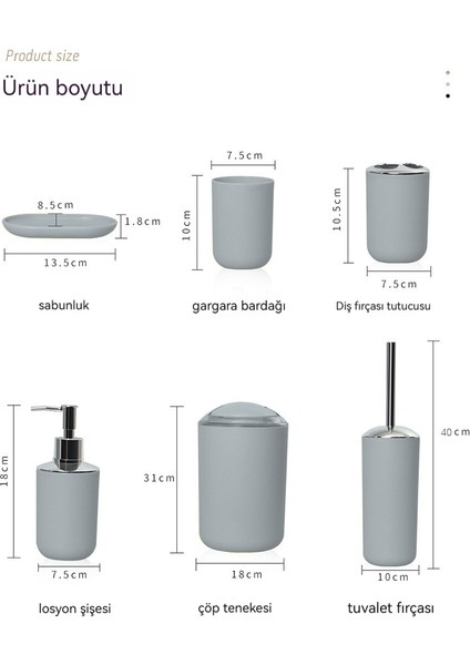 Altı Parçalı Banyo Yıkama Seti, Banyo Saklama Seti, Çöp Kutusu, Sabunluk, Diş Fırçası Tutucusu, Tuvalet Fırçası (Yurt Dışından)