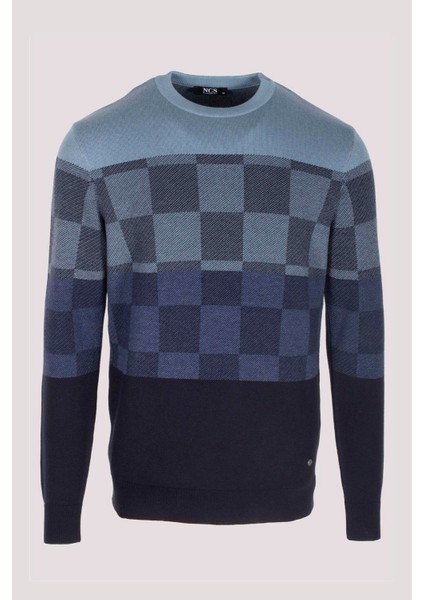 Erkek Triko Lacivert Bisiklet Yaka Desenli Slim Fit Pamuklu Kazak Ncs 3730