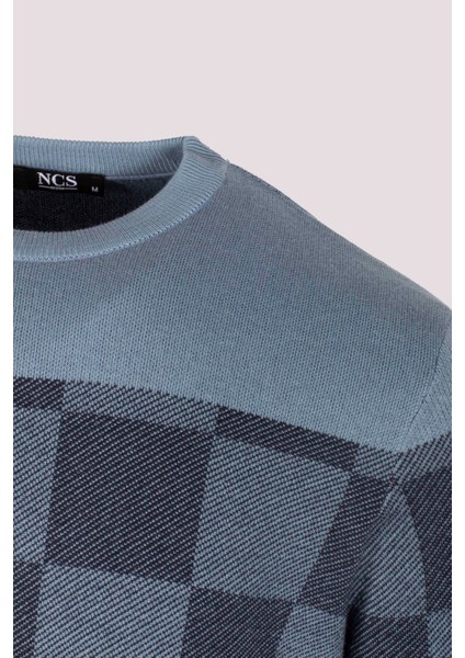 Erkek Triko Lacivert Bisiklet Yaka Desenli Slim Fit Pamuklu Kazak Ncs 3730