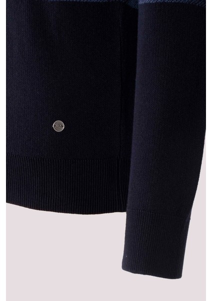 Erkek Triko Lacivert Bisiklet Yaka Desenli Slim Fit Pamuklu Kazak Ncs 3730