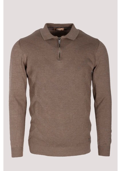 Erkek Polo Yaka Triko Vizonmelanj Slim Fit Yarım Fermuarlı Balık Sırt Desenli Pamuklu Kazak Ncs 3006