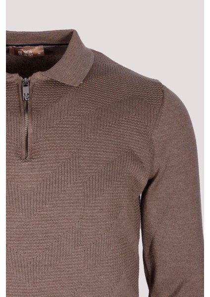 Erkek Polo Yaka Triko Vizonmelanj Slim Fit Yarım Fermuarlı Balık Sırt Desenli Pamuklu Kazak Ncs 3006 fiyatları