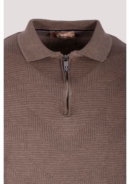 Erkek Polo Yaka Triko Vizonmelanj Slim Fit Yarım Fermuarlı Balık Sırt Desenli Pamuklu Kazak Ncs 3006 fırsatları