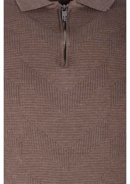 Erkek Polo Yaka Triko Vizonmelanj Slim Fit Yarım Fermuarlı Balık Sırt Desenli Pamuklu Kazak Ncs 3006 indirimleri