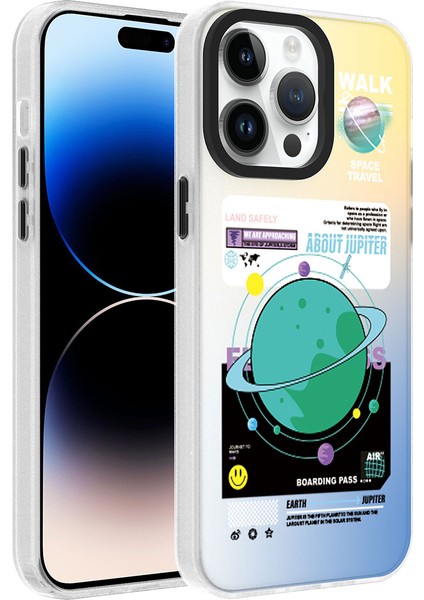 Apple iPhone 14 Pro Max Kılıf Desenli Uzay ve Kelimeler Temalı Silikon Kapak