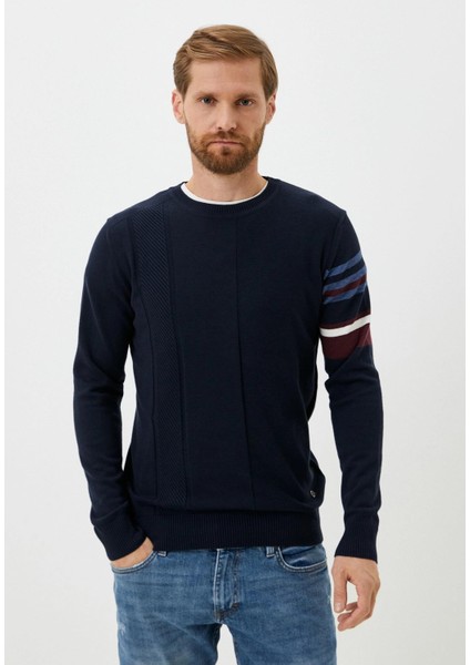 Erkek Triko Lacivert Bisiklet Yaka Desenli Slim Fit Pamuklu Kazak Ncs 3743