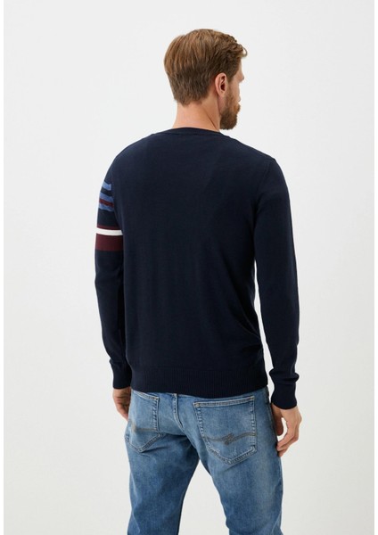 Erkek Triko Lacivert Bisiklet Yaka Desenli Slim Fit Pamuklu Kazak Ncs 3743