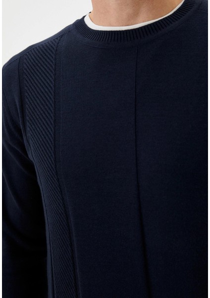 Erkek Triko Lacivert Bisiklet Yaka Desenli Slim Fit Pamuklu Kazak Ncs 3743