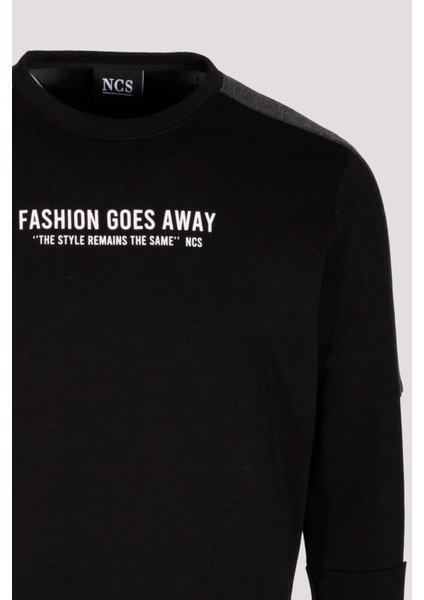 Erkek Sweatshirt Siyah Baskılı Relax Fit Pamuklu Jakar Panelli Crewneck Ncs Jeans 1619 modelleri