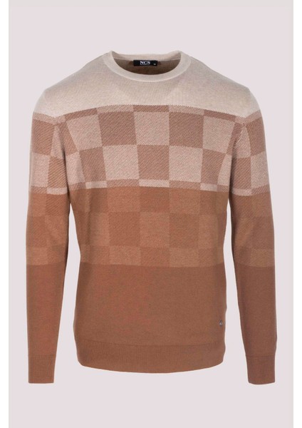 Erkek Triko Kahve Bisiklet Yaka Desenli Slim Fit Pamuklu Kazak Ncs 3730