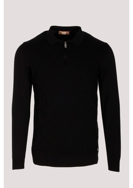 Erkek Polo Yaka Triko Siyah Slim Fit Yarım Fermuarlı Balık Sırt Desenli Pamuklu Kazak Ncs 3006