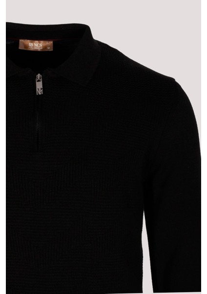 Erkek Polo Yaka Triko Siyah Slim Fit Yarım Fermuarlı Balık Sırt Desenli Pamuklu Kazak Ncs 3006 fiyatları