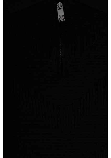 Erkek Polo Yaka Triko Siyah Slim Fit Yarım Fermuarlı Balık Sırt Desenli Pamuklu Kazak Ncs 3006 fırsatları