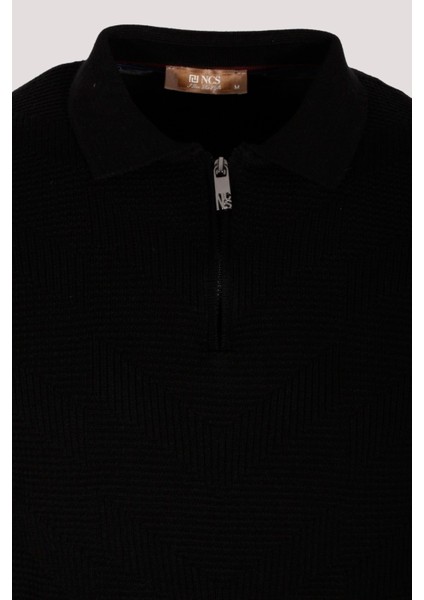 Erkek Polo Yaka Triko Siyah Slim Fit Yarım Fermuarlı Balık Sırt Desenli Pamuklu Kazak Ncs 3006 indirimleri