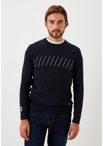 Erkek Triko Lacivert Bisiklet Yaka Desenli Slim Fit Pamuklu Kazak Ncs 3725