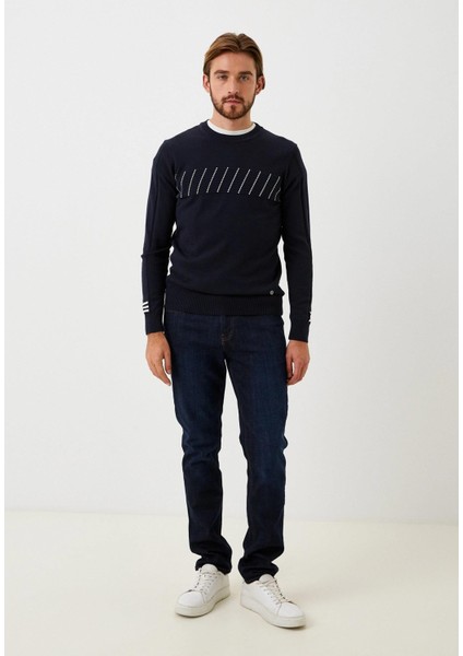 Erkek Triko Lacivert Bisiklet Yaka Desenli Slim Fit Pamuklu Kazak Ncs 3725