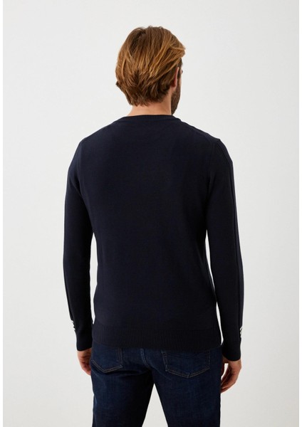 Erkek Triko Lacivert Bisiklet Yaka Desenli Slim Fit Pamuklu Kazak Ncs 3725