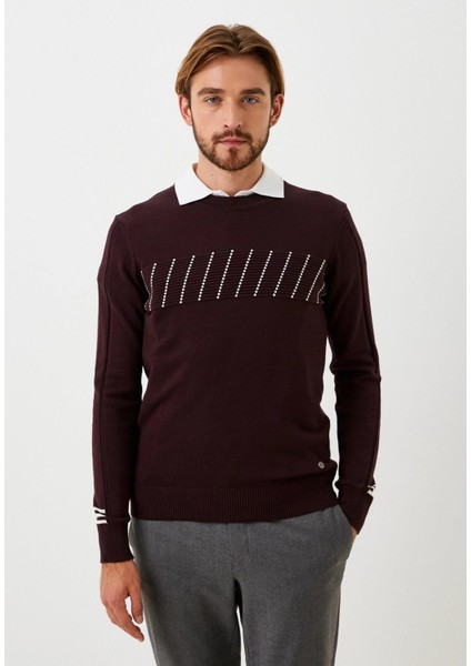 Erkek Triko Bordo Bisiklet Yaka Desenli Slim Fit Pamuklu Kazak Ncs 3725